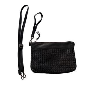 Black Leather Viola Castallani Woven Pouch Clutch Handbag Wristlet
